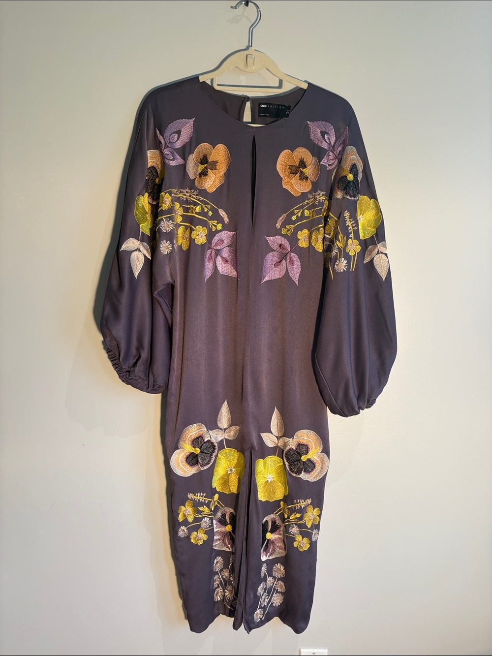 Embroidered Floral Midi Dress in Plum with Yellow Accents